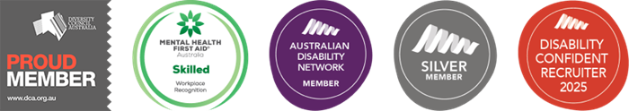 Logos of V/Line's various accreditations, including Proud Member of Diversity Council of Australia, Mental Health First Aid Workplace Recognition, Australian Disability Network member, and Disability Confident Recruiter 2025